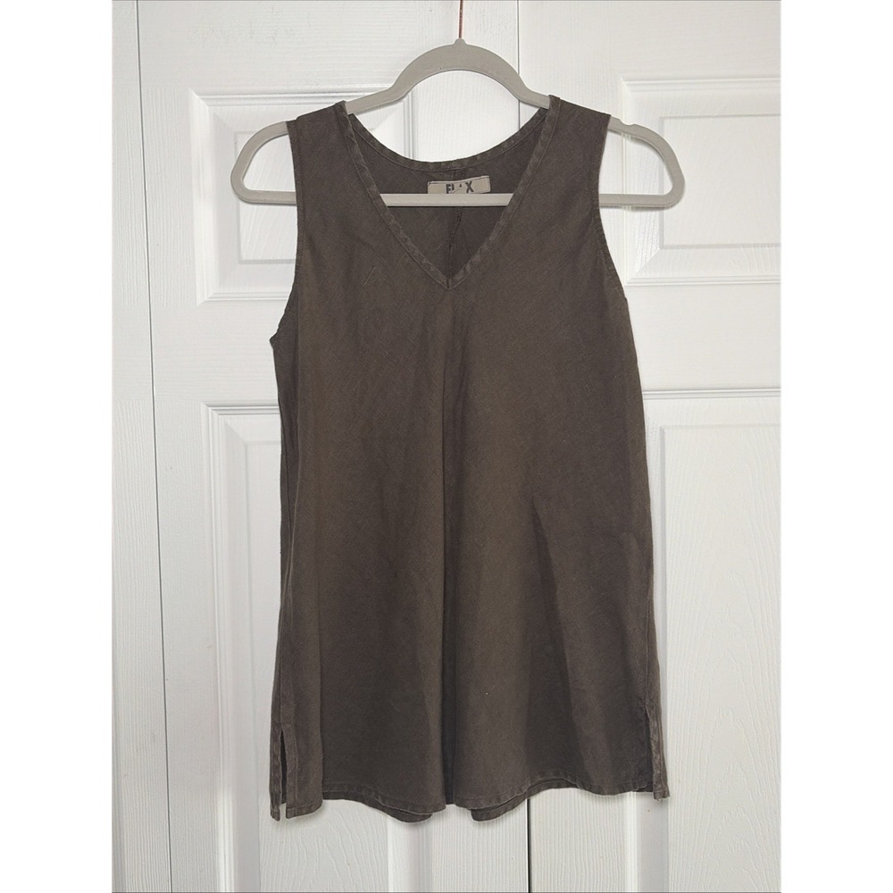 Flax V-Neck Sleeveless Tunic Womens Size S Brown Linen Tank Top Lagenlook Boho